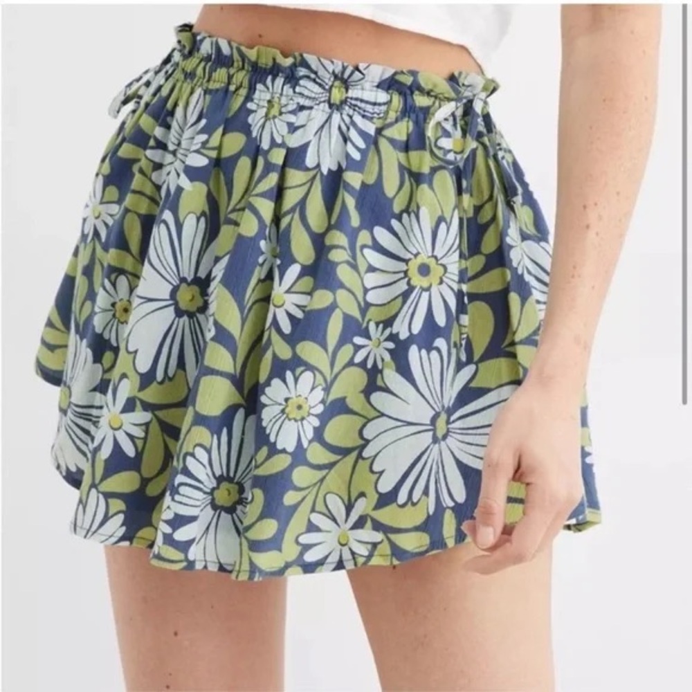 Aerie Blue Smocked Tie Front Mini Skirt